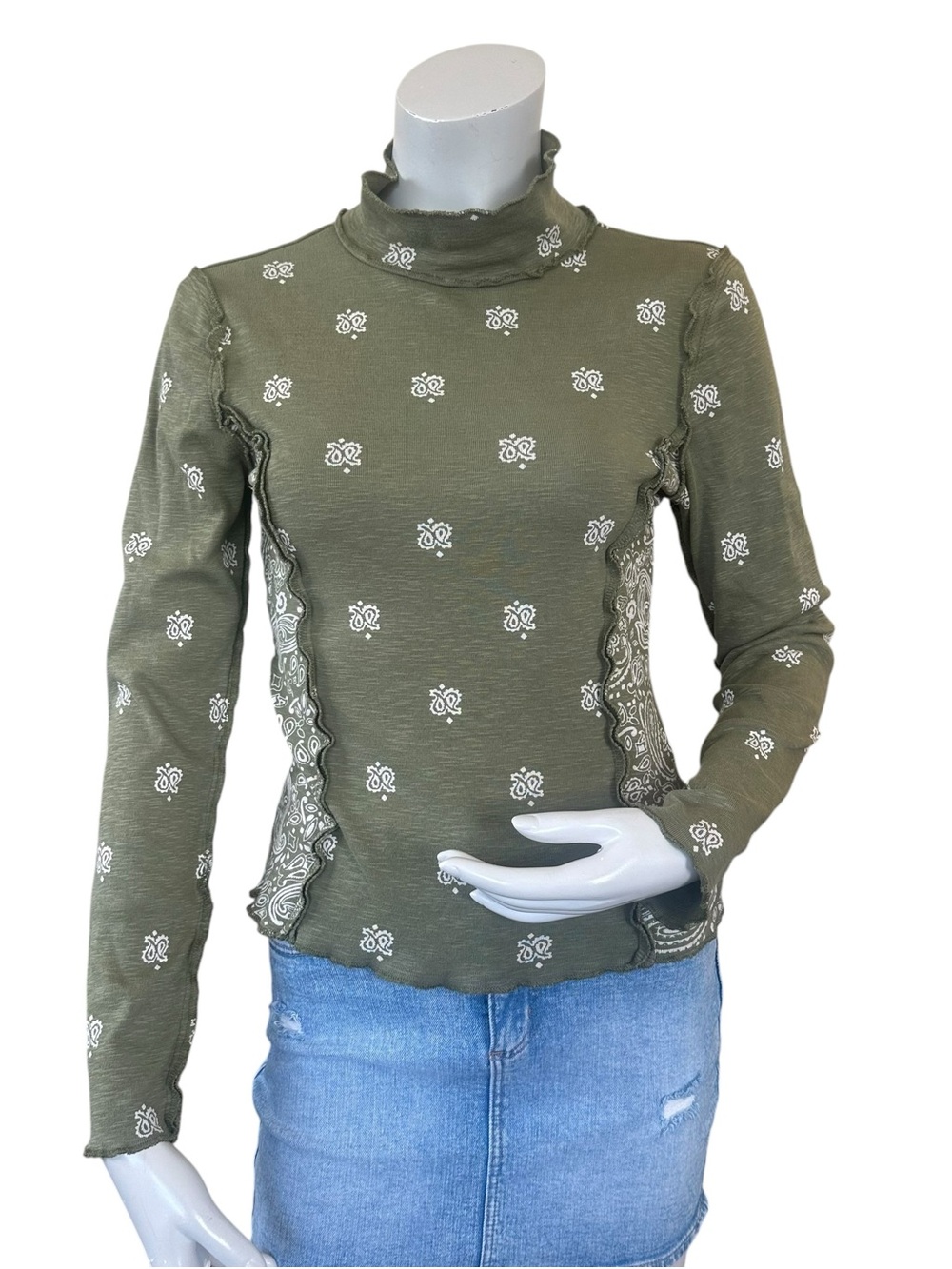 Anthropologie Pilcro Olive Green Paisley Cotton Slub Patchwork Mockneck Top Sm